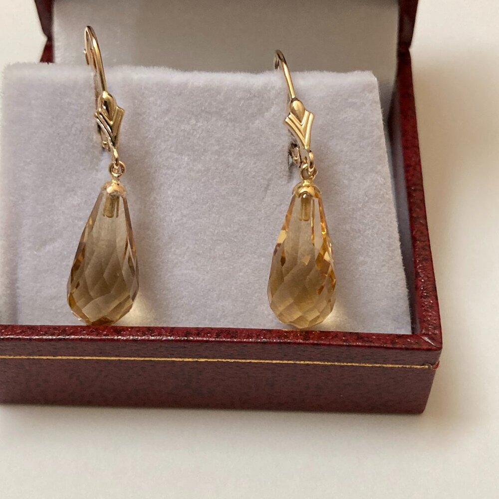 14K Yellow Gold Citrine Earrings Briolette Cut Lever Back